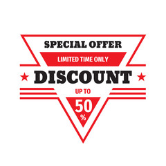 Discount up to 50% off badge design. Special offer concept banner on white background. Sale emblem layout.