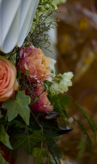 a bouquet of red white flowers of red and pink roses