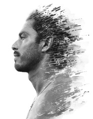 Paintography. Double exposure of a young male model combined with hand drawn painting of dissolving...