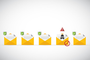 Email / envelope with black document and skull icon. Virus, malware, email fraud, e-mail spam, phishing scam, hacker attack concept. Vector illustration