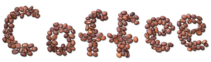 The word coffee made from coffee beans on white background