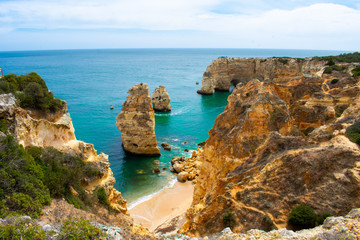 View from above on Praia de Marinha or Benagil, Most beautiful beach in Algarve, Portugal 
