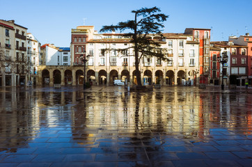 Logroño, La Rioja, Spain - February, 15th, 2019 : Old buildings reflected on the wet ground of the Plaza del Mercado (Market Square) in the heart of the historic district of Logroño.