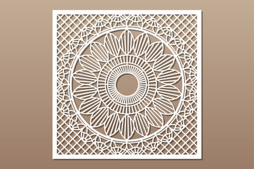 Decorative card for cutting. Geometry line mandala pattern. Laser cut panel. Ratio 1:1. Vector illustration.