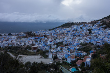 Panorama view on the medina of the Blue City skyline from the hill, Chefchaouen Morocco