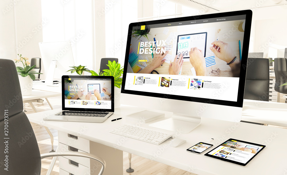 Sticker responsive devices with ux design website in loft office mockup