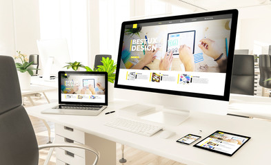 responsive devices with ux design website in loft office mockup