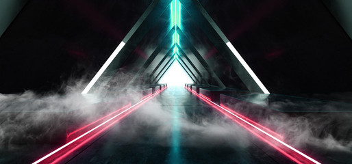Smoke Sci Fi Triangle Spaceship Neon Glowing Laser Beam Virtual Lights Blue Red Fluorescent On Concrete Grunge Underground Tunnel White Glow Corridor 3D Rendering
