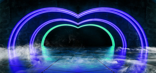 Smoke Virtual Reality Futuristic Modern Elegant Neon Glowing Sci Fi Laser Beam Stage Green Blue Triangle Shaped Tunnel Underground Tunnel Corridor Garage 3D Rendering