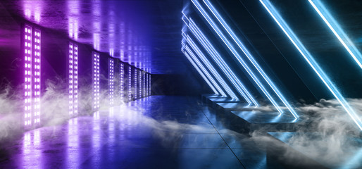 Smoke Virtual Reality Futuristic Modern Elegant Neon Glowing Sci Fi Laser Beam Stage Purple Blue Triangle Shaped Tunnel Underground Tunnel Corridor Garage 3D Rendering