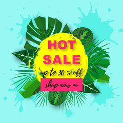 Tropical leaves with paint spots and Text HOT Sale Up to 30 off on a blue background. Vector.