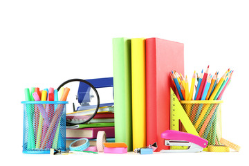 Fototapeta premium School supplies with books on white background