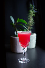 Soft focus photo of scofflaw cocktail on bar counter. Image with shallow depth of field and contains a little noise due to poor lighting conditions.