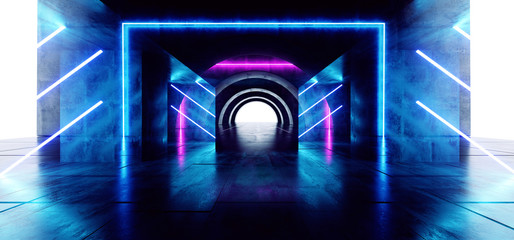Futuristic Oval Circle Neon Glowing Purple Blue Rectangle Shaped Laser Beam Lights On Concrete Grunge Floor Reflective Tunnel Corridor Dark Entrance Stage 3D Rendering