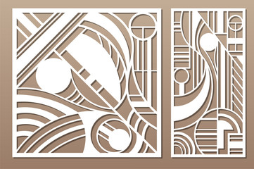Laser cut panel. Set decorative card for cutting. Geometry line art pattern. Ratio 1:2, 1:1. Vector illustration.