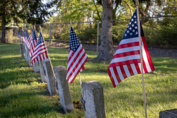 line of tombstones with american flags honoring those for fought for our freedom 