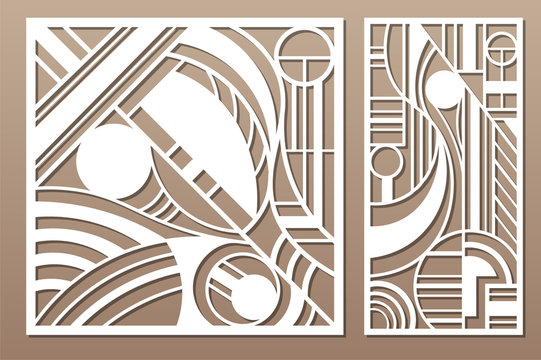 Laser cut panel. Set decorative card for cutting. Geometry line art pattern. Ratio 1:2, 1:1. Vector illustration.