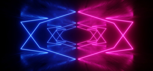 Futuristic Sci Fi Neon Glowing Purple Blue Laser Chaotic Abstract Virtual Fluorescent Dark Grunge Concrete Tunnel Corridor Hallway Underground 3D Rendering
