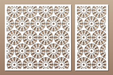Laser cut panel. Decorative card for cutting. Flower, Arabic, line art pattern. Ratio 1:2, 1:1. Vector illustration.