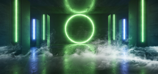 Smoke Futuristic Sci Fi Neon Glowing Blue Green Laser Shaped Abstract Virtual Fluorescent Dark Glossy Vibrant Tunnel Corridor Hallway Underground 3D Rendering