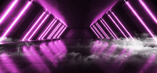 Smoke Futuristic Sci Fi Neon Glowing Purple Laser Shaped Abstract Virtual Fluorescent Dark Glossy Vibrant Tunnel Corridor Hallway Underground 3D Rendering