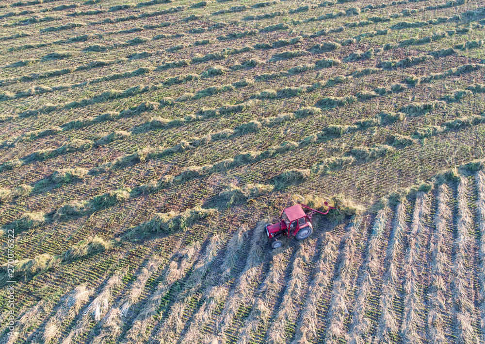 Wall mural aerial image of tractor with hay tedders