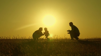 Naklejka na ściany i meble mother and Dad play with their daughter in sun. happy baby goes from dad to mom. young family in the field with a child 1 year. family happiness concept. beautiful sunshine, sunset.