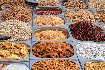 Variety of nuts exposed in the market
