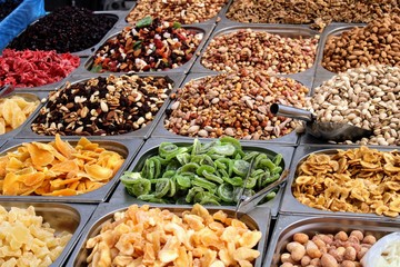 Variety of nuts exposed in the market
