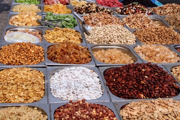 Variety of nuts exposed in the market