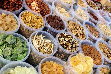 Variety of nuts exposed in the market