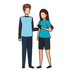 young couple using smartphone characters