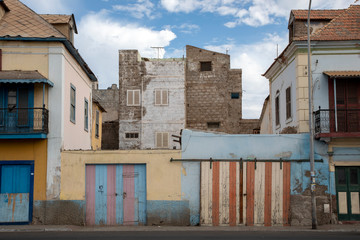 Two rundown garages in a street in Mindelo on the island of Sao Vicente in Cape Verde.