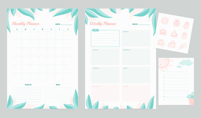Set of minimalist planners printable, daily, weekly, monthly planner, calendar, notes, to do list, memo and icons set template. Design with green and pink leaves. - obrazy, fototapety, plakaty
