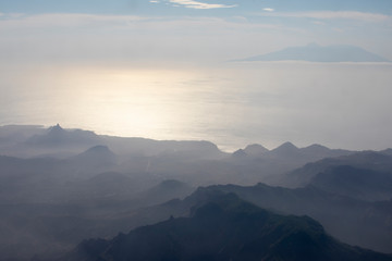 Aerial view on the mountains and ocean of Fogo, island of Cabo Verde, Cape Verde, Africa.