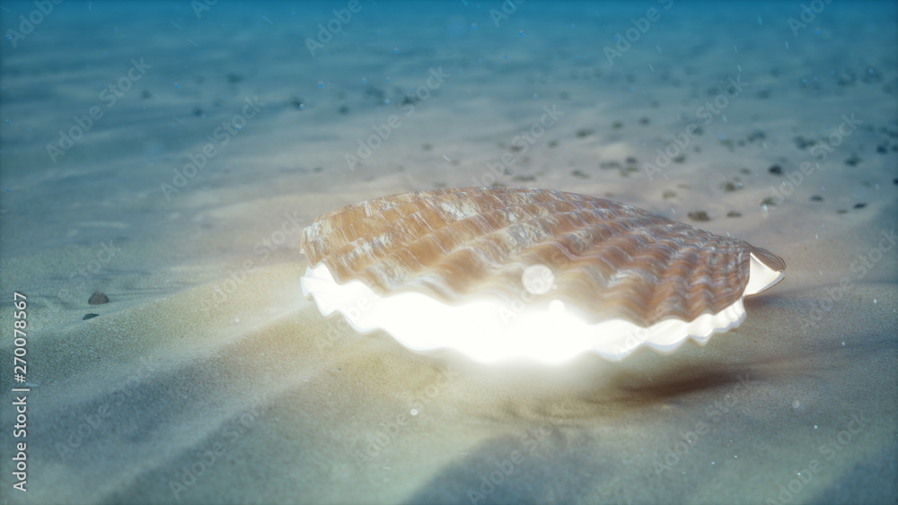 Wall mural Mother of pearls underwater. Closed sea shell underwater self-luminous from the inside. Oysters and pearls on the underwater sandy seabed. Sunlight beams and shine through water, 3D Illustration