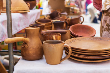 Dishes made of clay, different jugs handmade.