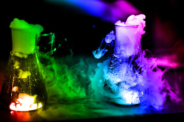 Glass flasks with chemical reaction - 270078511