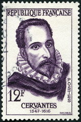 FRANCE - 1957: shows portrait of Miguel de Cervantes Saavedra (1547-1616), Spanish writer