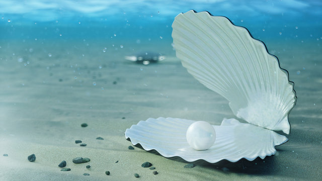 Mother of pearls underwater. Sea shell underwater. Beautiful pearls, expensive jewelry. Oysters and pearls on the underwater sandy seabed. Sunlight beams and shine through water, 3D Illustration