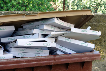 Pizza boxes in rubbish bin
