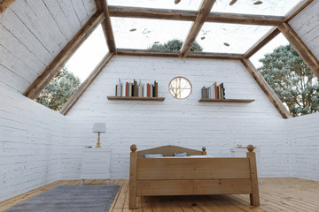 Schlafzimmer mit Glasdach in einem gemütlichen Chalet. 3D Rendering
