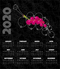 Calendar 2020. Monthly calendar with red currant. Vector illustration.