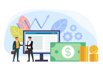 Two businessmen office workers characters shaking hands. Online business deal agreement concept. Vector flat graphic design cartoon illustration