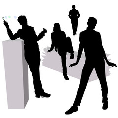 Silhouettes of people in different poses. A girl blowing bubbles, a yoke girl with long legs, a young girl in jeans sitting on the parapet. Vector silhouette of a man stretching into the distance