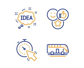 Timer, Like and Idea icons simple set. Bus tour sign. Time management, Social media likes, Creative message. Transport. Business set. Linear timer icon. Colorful design set. Vector