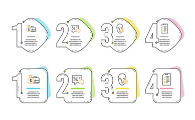 Discounts, Problem skin and Salary icons simple set. Interview sign. Best offer, Facial care, Diplomat with money bag. Checklist file. Business set. Infographic timeline. Line discounts icon. Vector