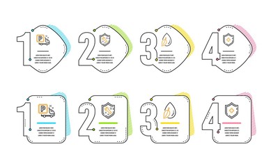 Spanner, Water drop and Truck parking icons simple set. Medical shield sign. Repair service, Mint leaf, Free park. Medicine protection. Business set. Infographic timeline. Line spanner icon. Vector