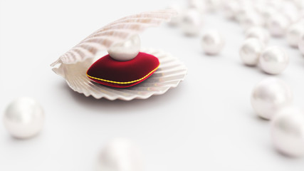Sea shell with pearl on a soft red velvet pillow with a gold stroke. Beautiful pearl, expensive jewelry for women. Seashell, plurality of beautiful pearls. Beautiful shiny sea pearls, 3D illustration