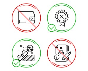 Do or Stop. Reject medal, Sale and Money wallet icons simple set. Algorithm sign. Award rejection, Gift box, Payment method. Project. Business set. Line reject medal do icon. Prohibited ban stop